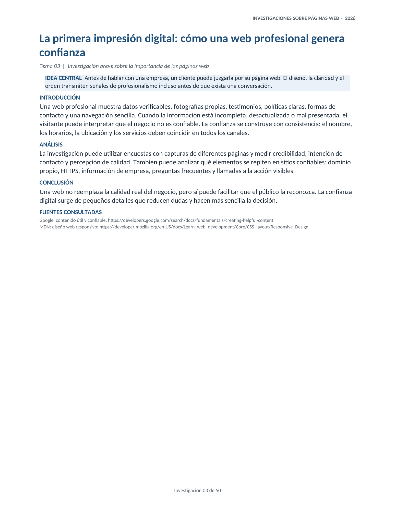 Portada de la investigación 03: La primera impresión digital: cómo una web profesional genera confianza