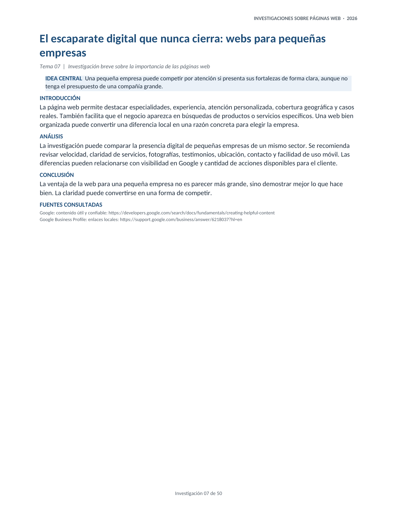 Portada de la investigación 07: El escaparate digital que nunca cierra: webs para pequeñas empresas