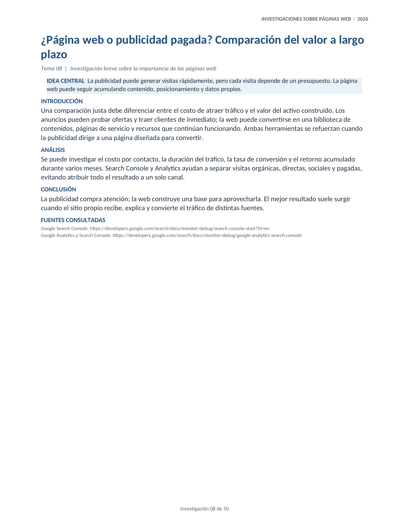 Portada de la investigación 08: ¿Página web o publicidad pagada? Comparación del valor a largo plazo
