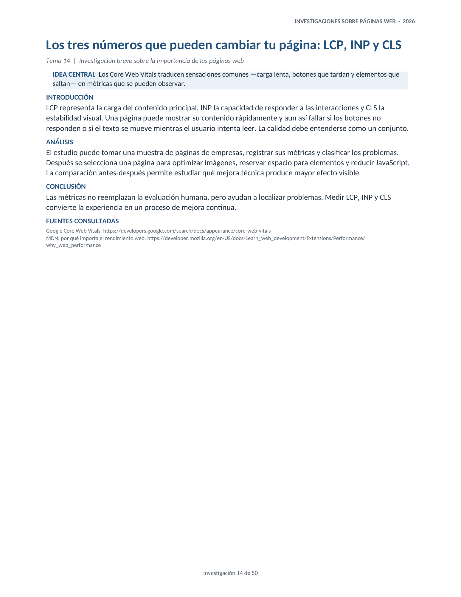 Portada de la investigación 14: Los tres números que pueden cambiar tu página: LCP, INP y CLS