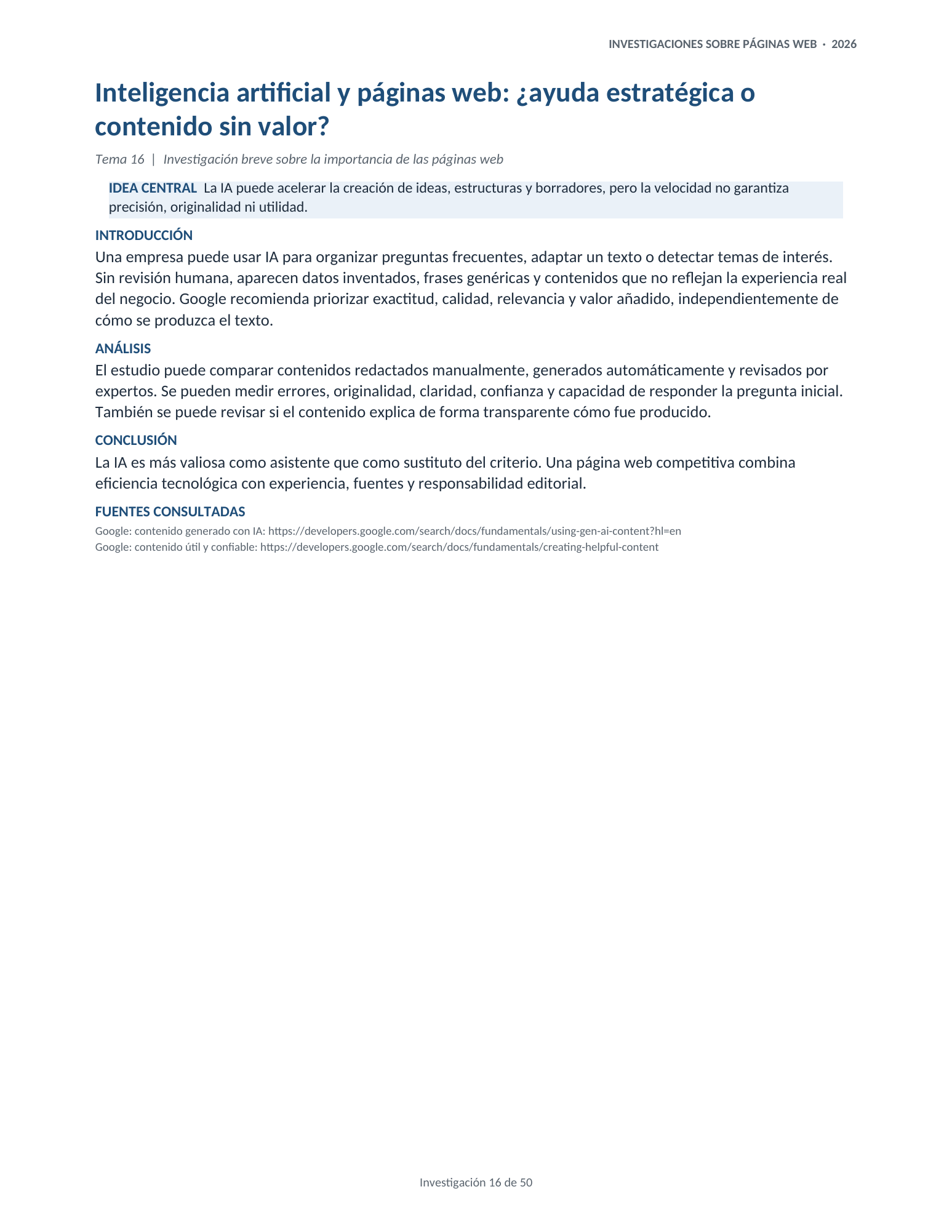 Portada de la investigación 16: Inteligencia artificial y páginas web: ¿ayuda estratégica o contenido sin valor?