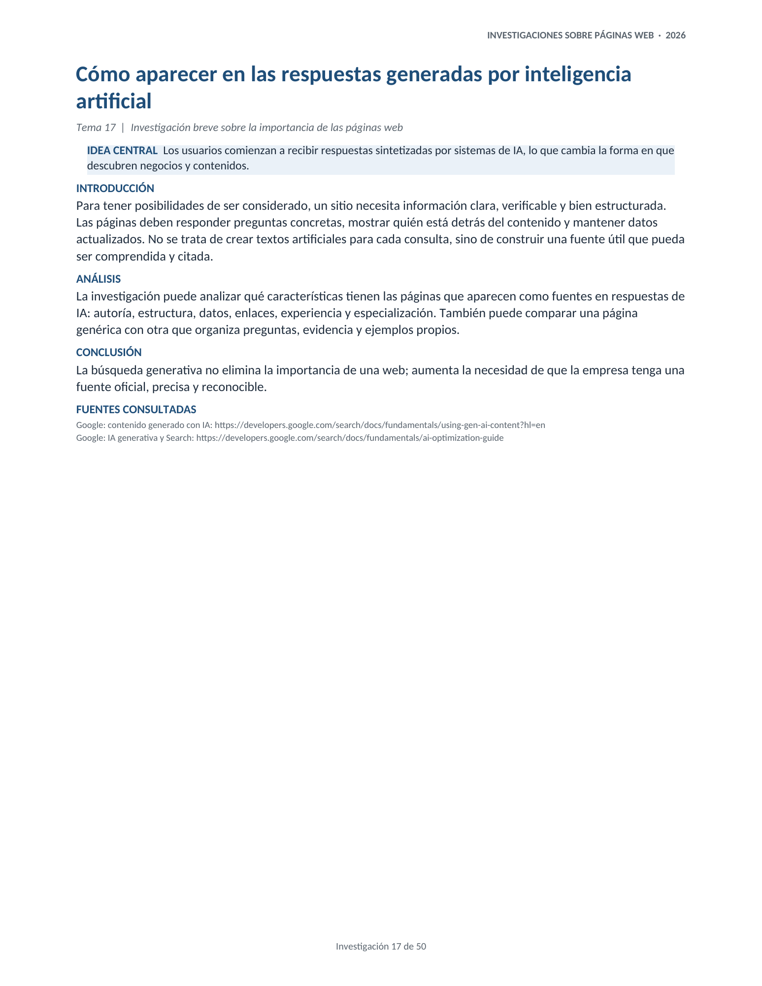 Portada de la investigación 17: Cómo aparecer en las respuestas generadas por inteligencia artificial