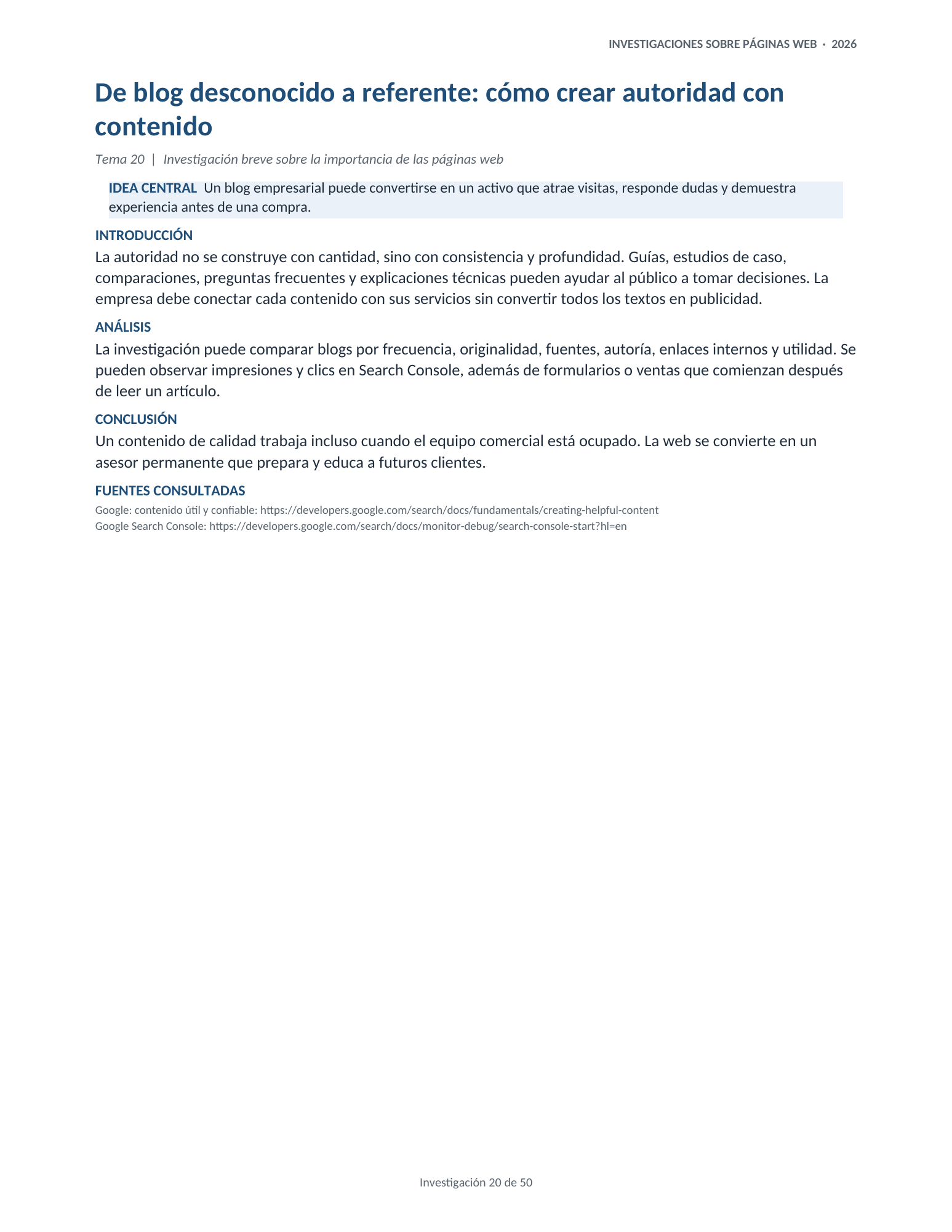 Portada de la investigación 20: De blog desconocido a referente: cómo crear autoridad con contenido