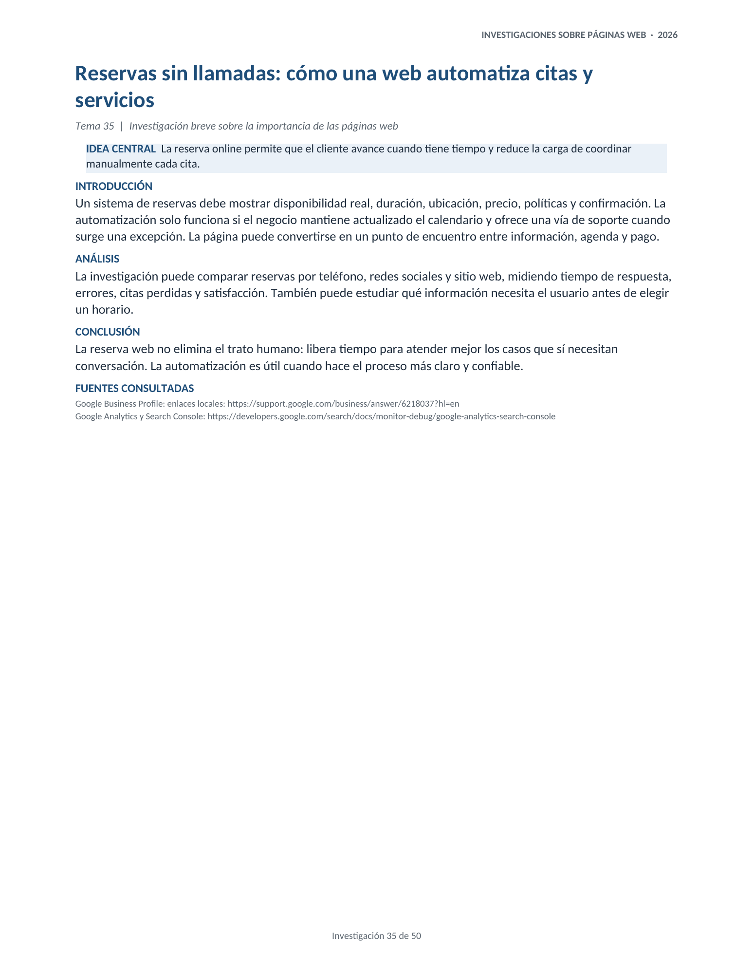 Portada de la investigación 35: Reservas sin llamadas: cómo una web automatiza citas y servicios