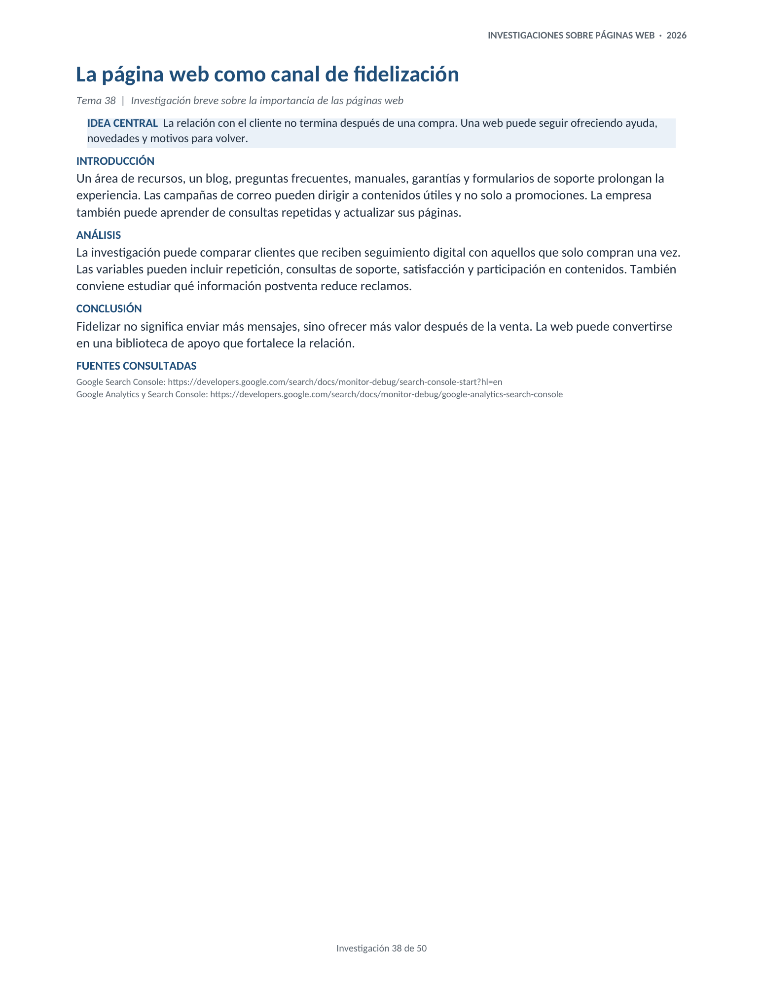 Portada de la investigación 38: La página web como canal de fidelización