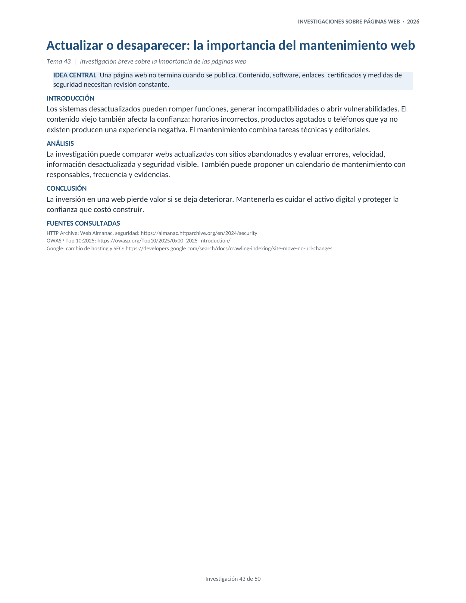 Portada de la investigación 43: Actualizar o desaparecer: la importancia del mantenimiento web