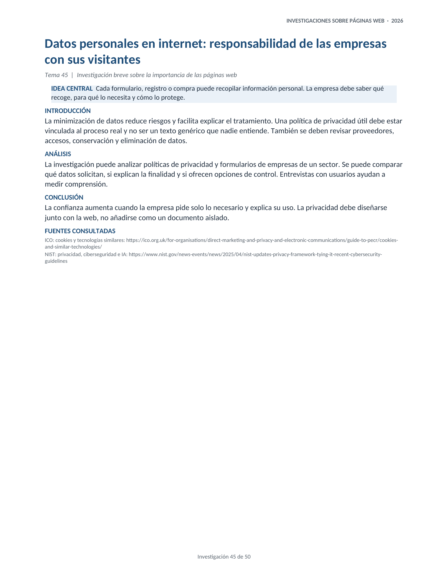 Portada de la investigación 45: Datos personales en internet: responsabilidad de las empresas con sus visitantes
