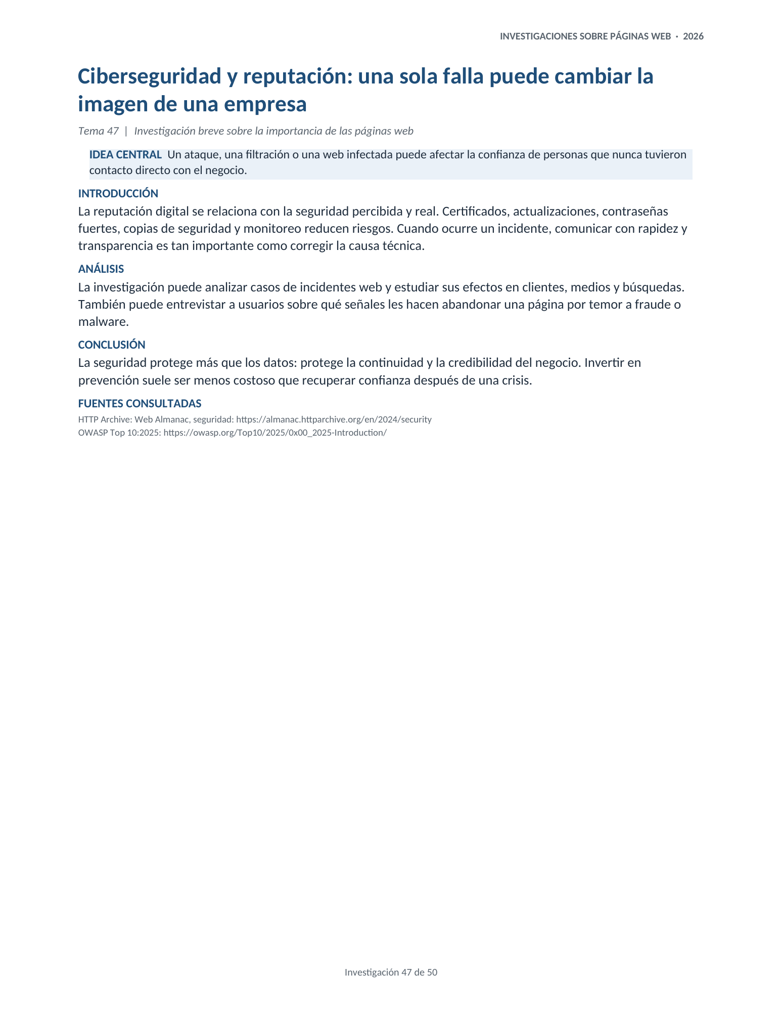 Portada de la investigación 47: Ciberseguridad y reputación: una sola falla puede cambiar la imagen de una empresa