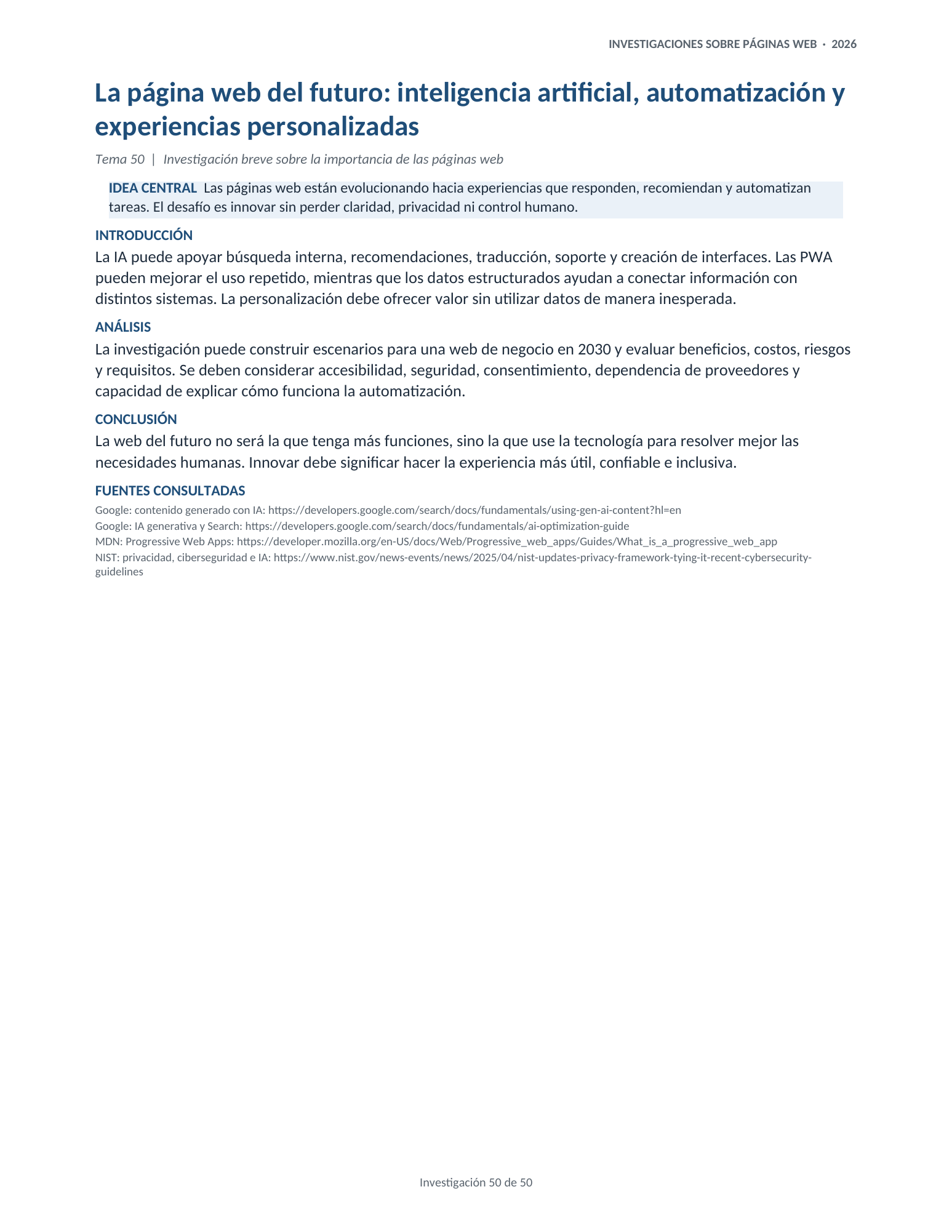 Portada de la investigación 50: La página web del futuro: inteligencia artificial, automatización y experiencias personalizadas